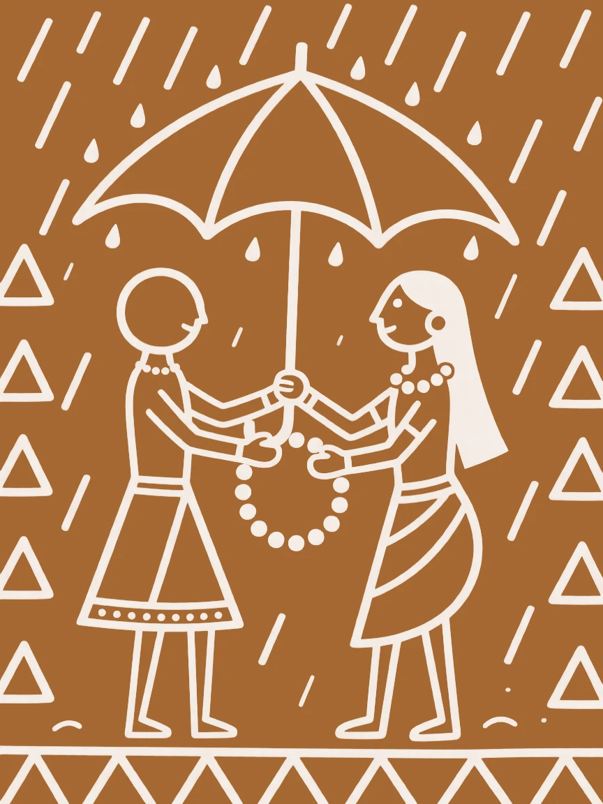 A couple exchanging garlands sharing a single umbrella in the rain.