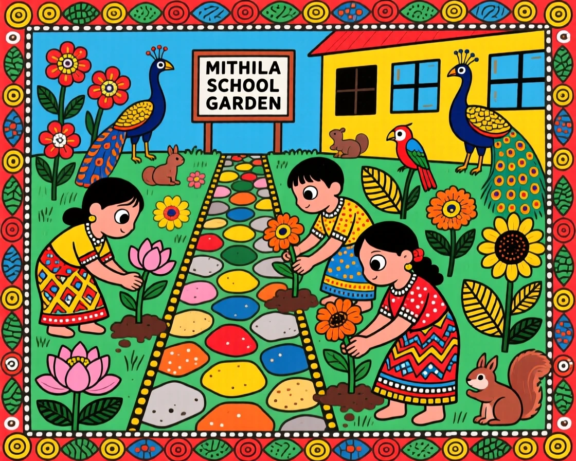 A group of children planting flowers along a school garden path.