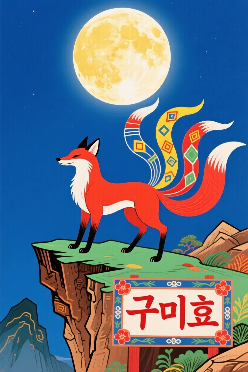 A nine-tailed fox, standing beneath a full moon on a cliff.