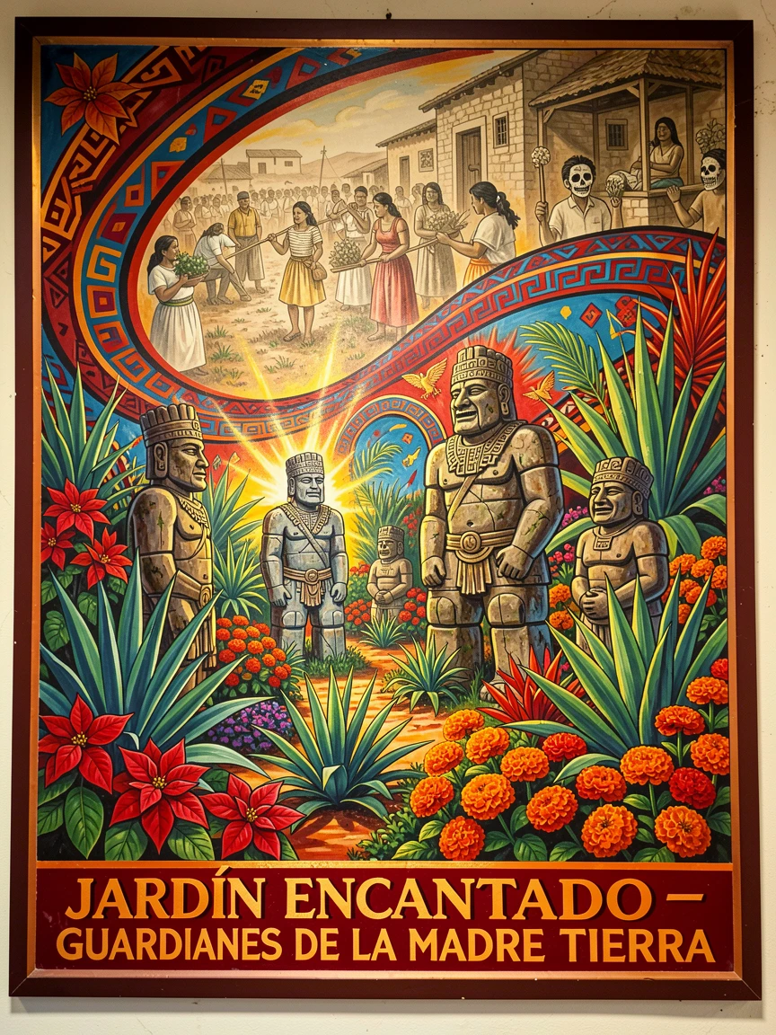 An enchanted garden guarded by ancient stone statues