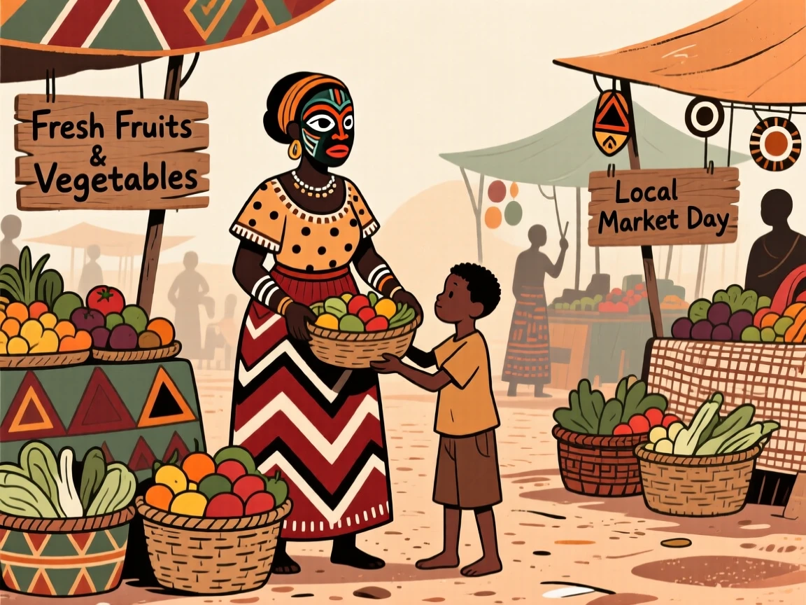 A bustling open-air market filled with baskets of fruit and vegetables.