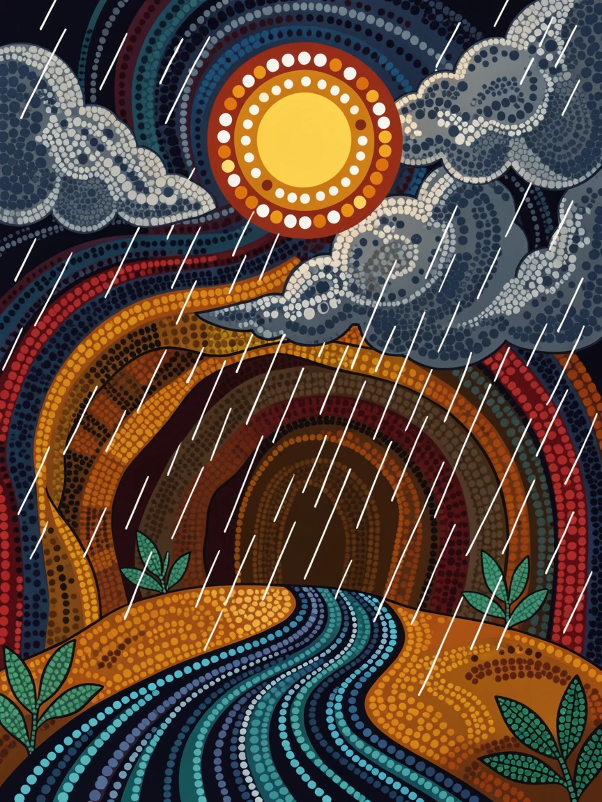A sunlit cave during a dramatic storm