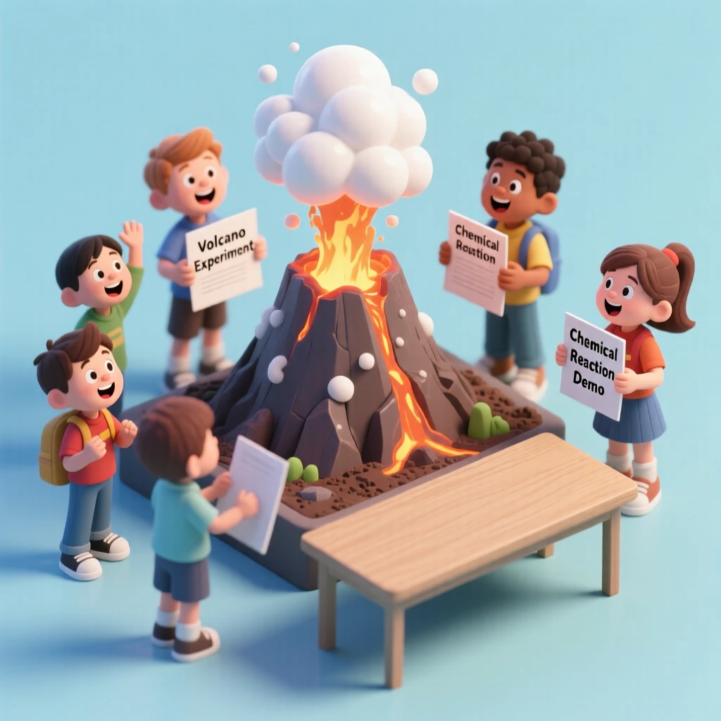 A model volcano science fair display erupting with baking soda foam, students watching in delighted surprise.
