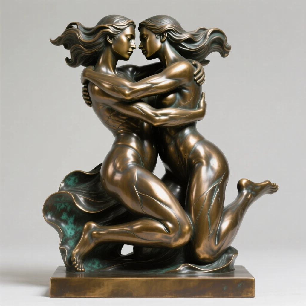 Twin sisters embracing, captured at the peak of a powerful movement, forming a strong central focal point