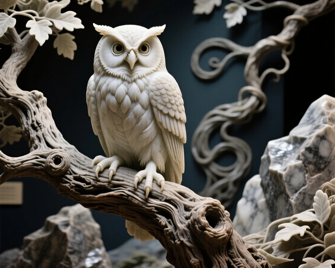 A beautifully composed image of a wise old owl perched in an ancient oak, framed by dramatic natural scenery, full of atmosphere and visual storytelling