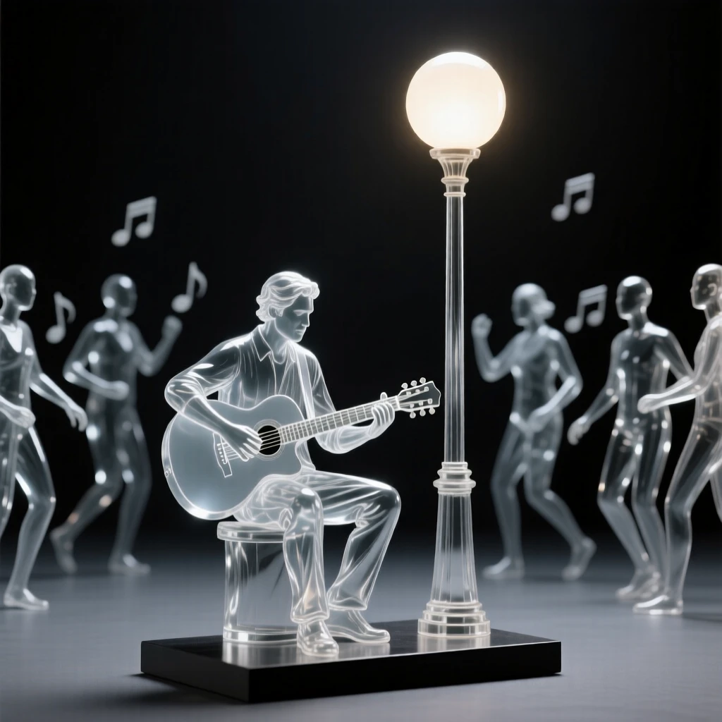 A street musician playing guitar beneath a glowing lamppost while the crowd begins to sway together in rhythm