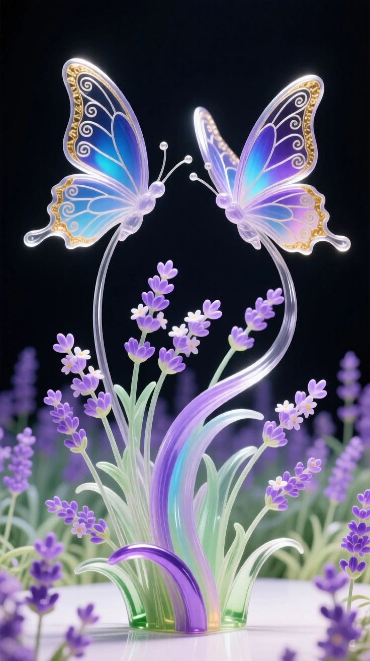 A pair of butterflies dancing above a blooming lavender field, delicate and joyful.