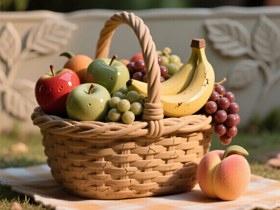 A picnic basket spilling over with fruit framed in soft, warm ambient light, set against a softly blurred background, evoking nostalgia and quiet charm.