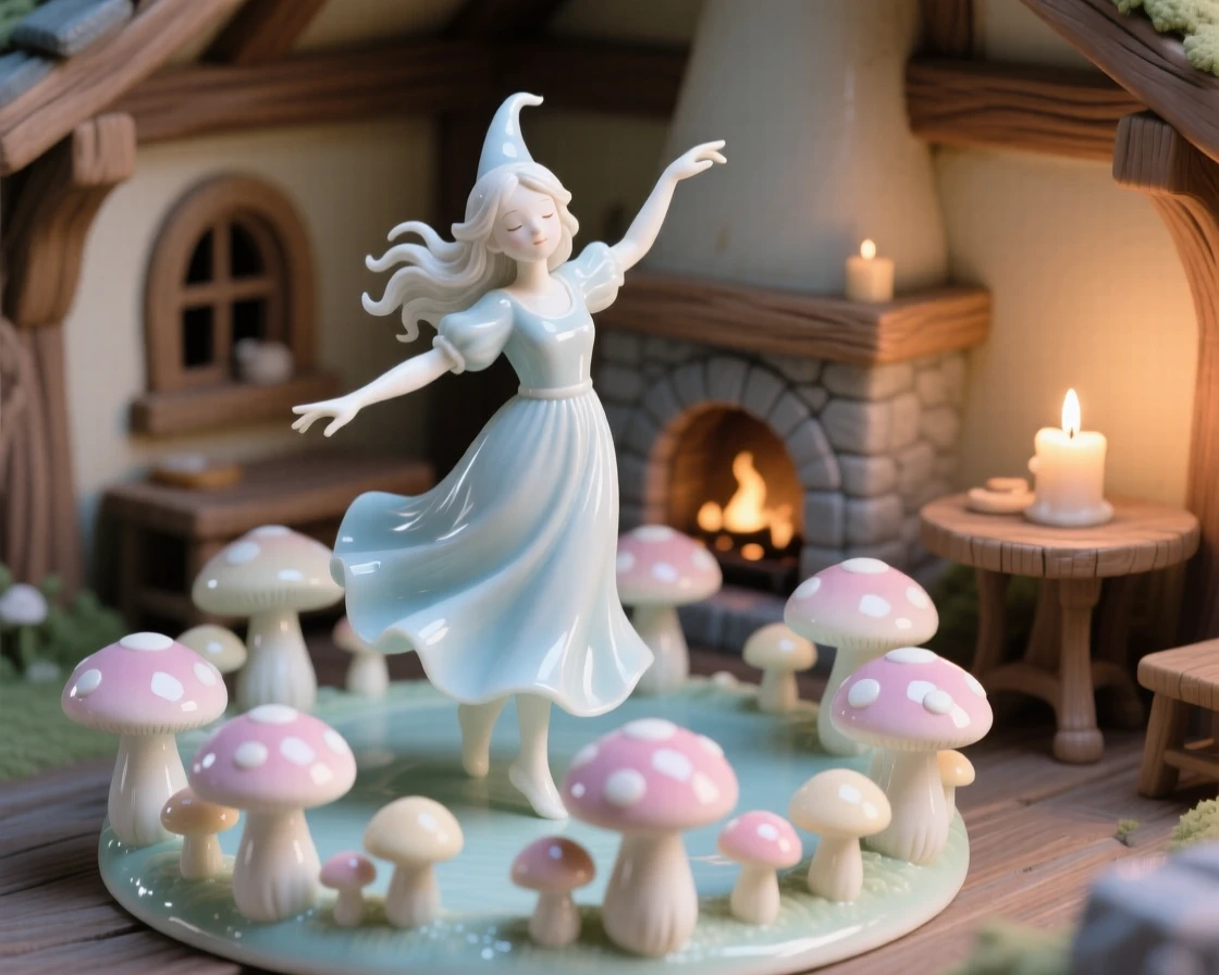 A whimsical scene of a young sorceress dancing in a ring of toadstools in a cozy candlelit cottage.