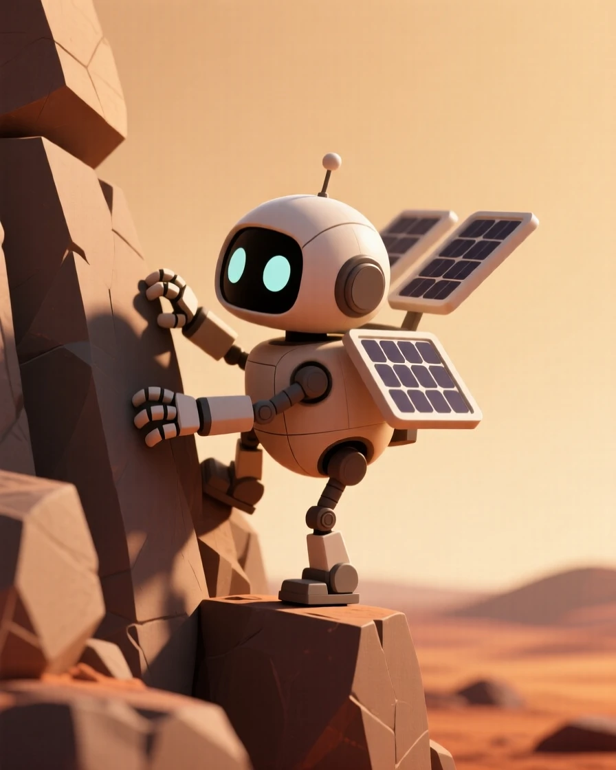 A determined robot explorer scales a rocky Martian cliff, solar panels gleaming under a butterscotch sky.
