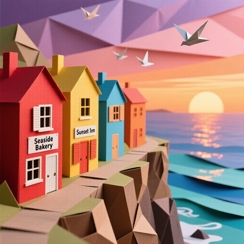 A cliffside town overlooking the sea glowing warmly at sunset, with colorful buildings lining the path, evoking quiet, timeless beauty.