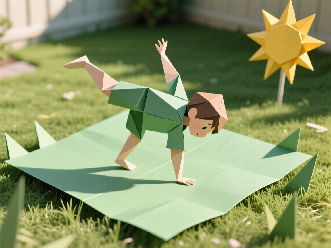 A child's first attempt at cartwheeling across a sunny backyard lawn.