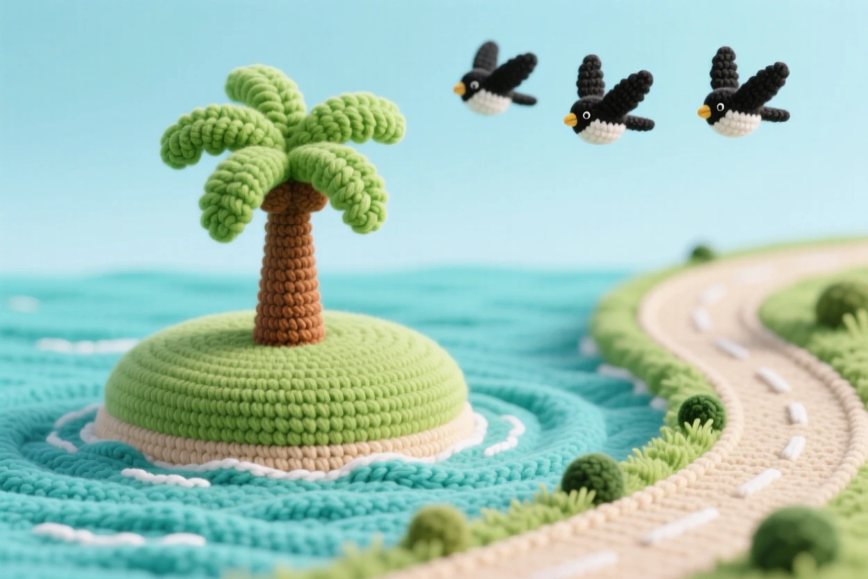 a small island with a single palm tree, surrounded by turquoise water, floating peacefully under a clear sky beside a gently winding countryside road; a small flock of birds passing overhead completes the scene, full of gentle awe at nature's quiet grandeur.