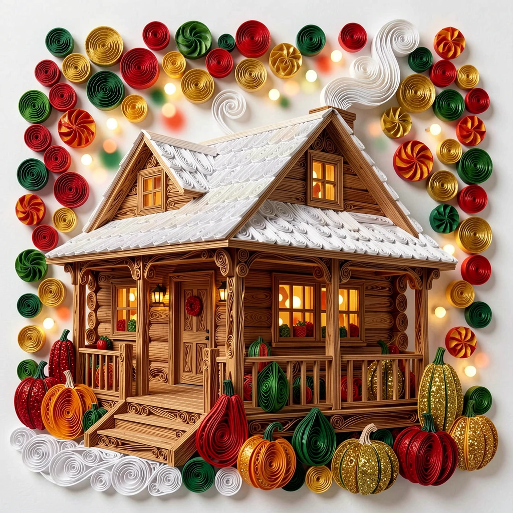 A festive holiday scene of a cozy winter cabin with smoke curling from the chimney on a cozy porch decorated with autumn gourds, in classic holiday tones of red, green, and gold, captured with festive bokeh lights in the background.