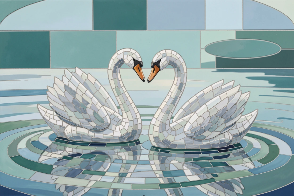 A pair of white swans gliding across a still lake, captured in soft natural light with a shallow depth of field.