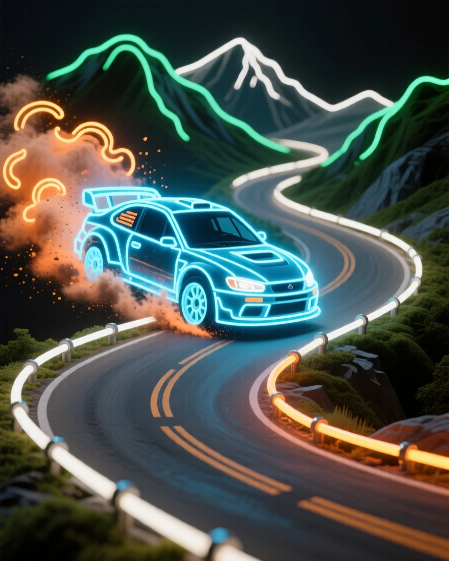 A rally car kicking up dust on a winding mountain road.