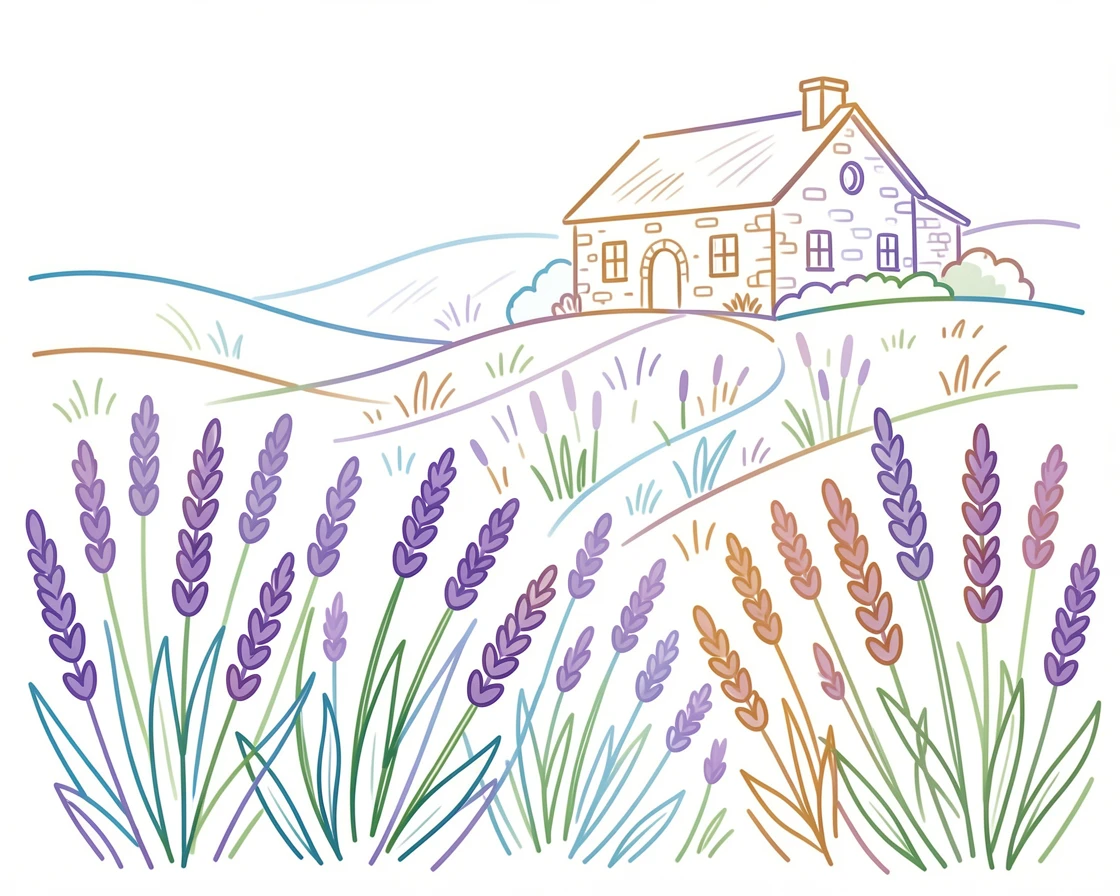 A field of wild lavender rolling toward a distant stone farmhouse.