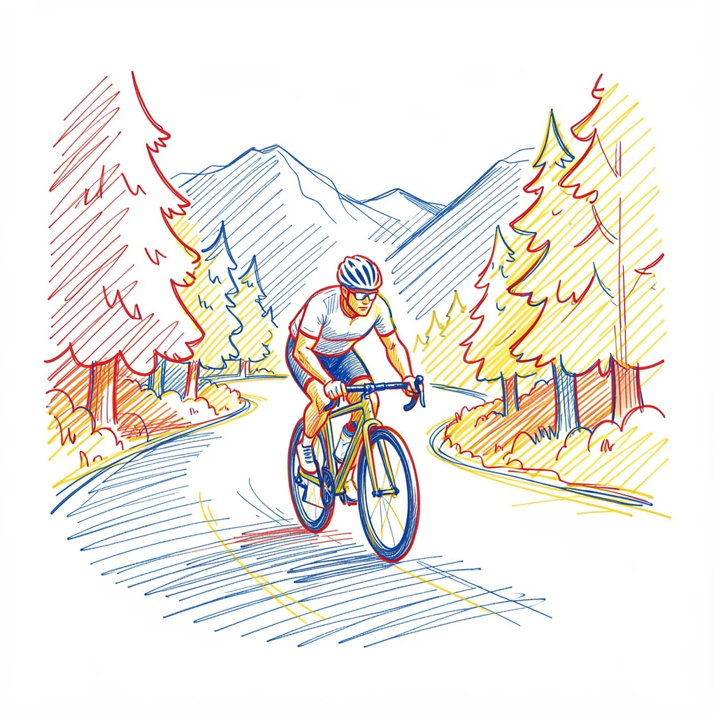 A cyclist racing down a winding mountain road surrounded by autumn trees