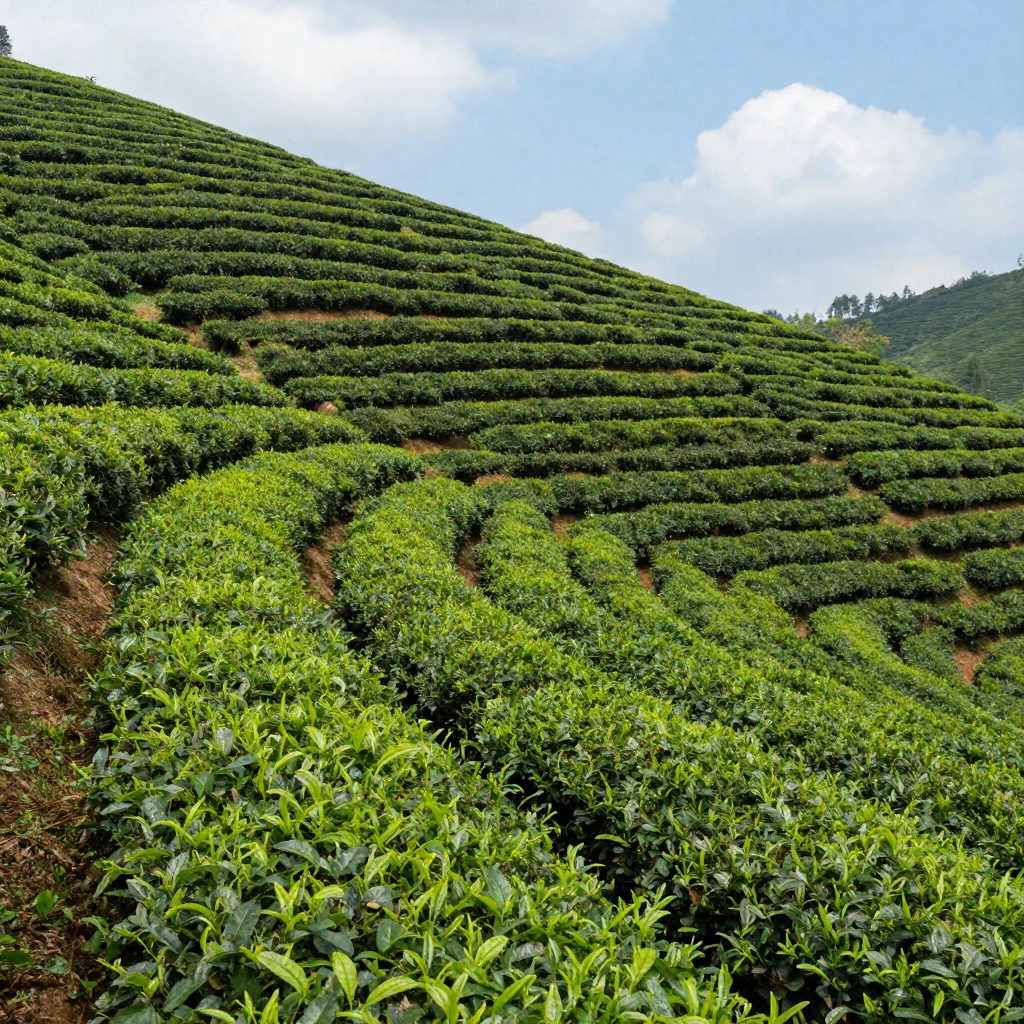 A tea plantation with neat rows climbing a green hillside
