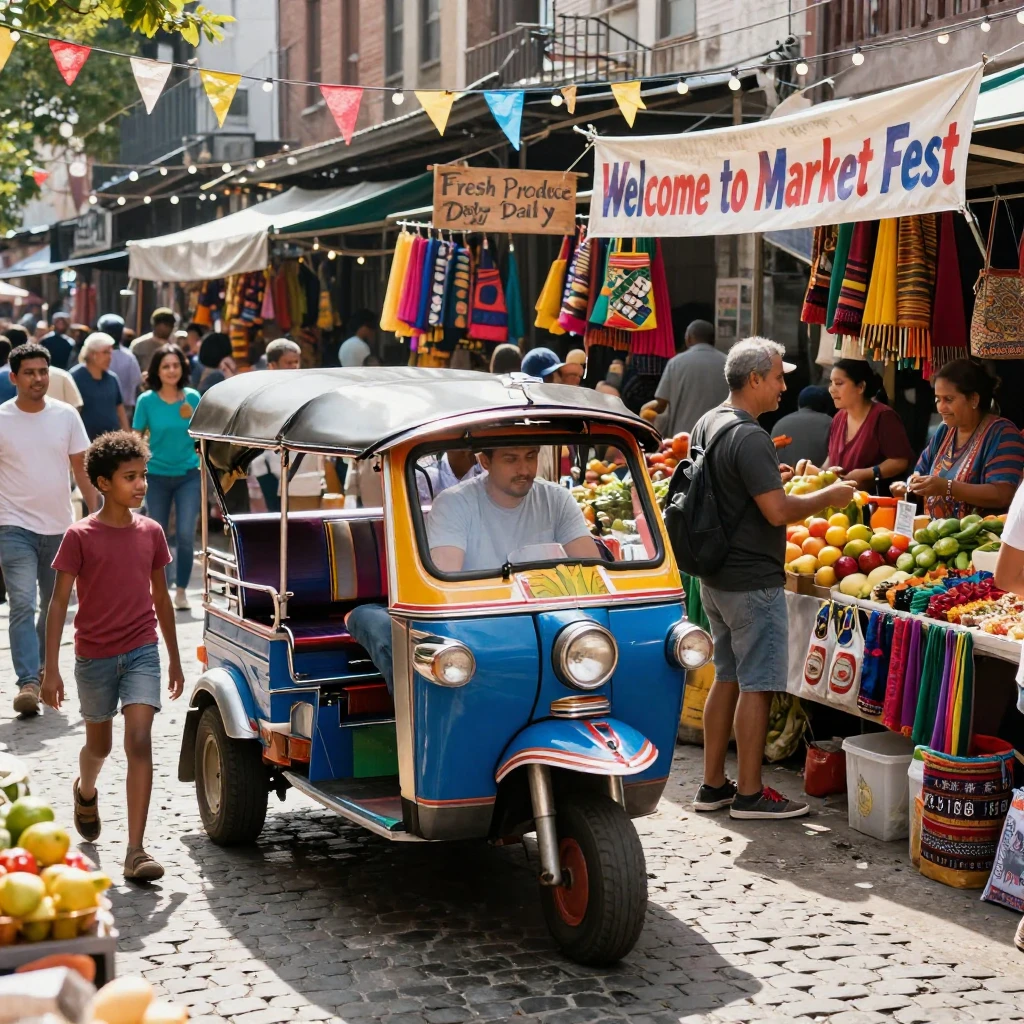 A tuk-tuk weaves through a chaotic but cheerful street market at midday.