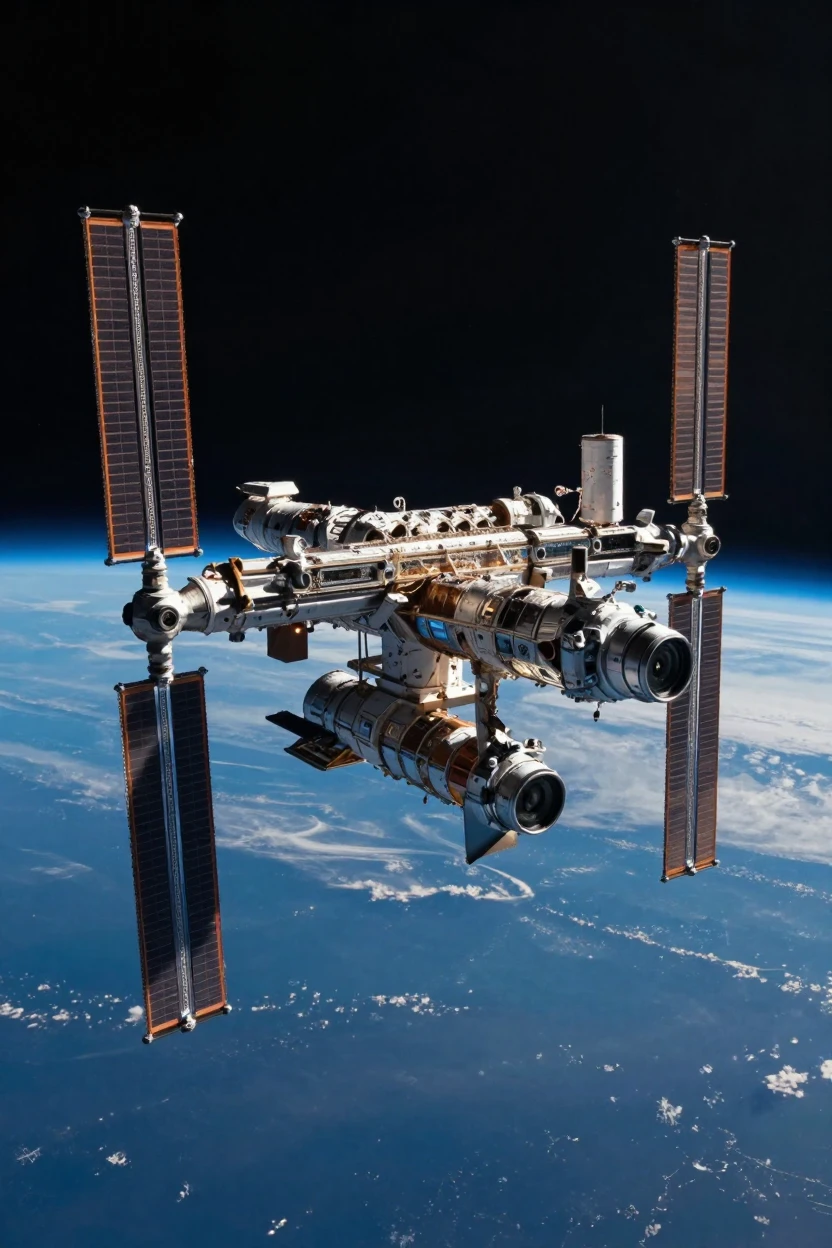 A space station orbiting quietly above the glowing blue curve of Earth
