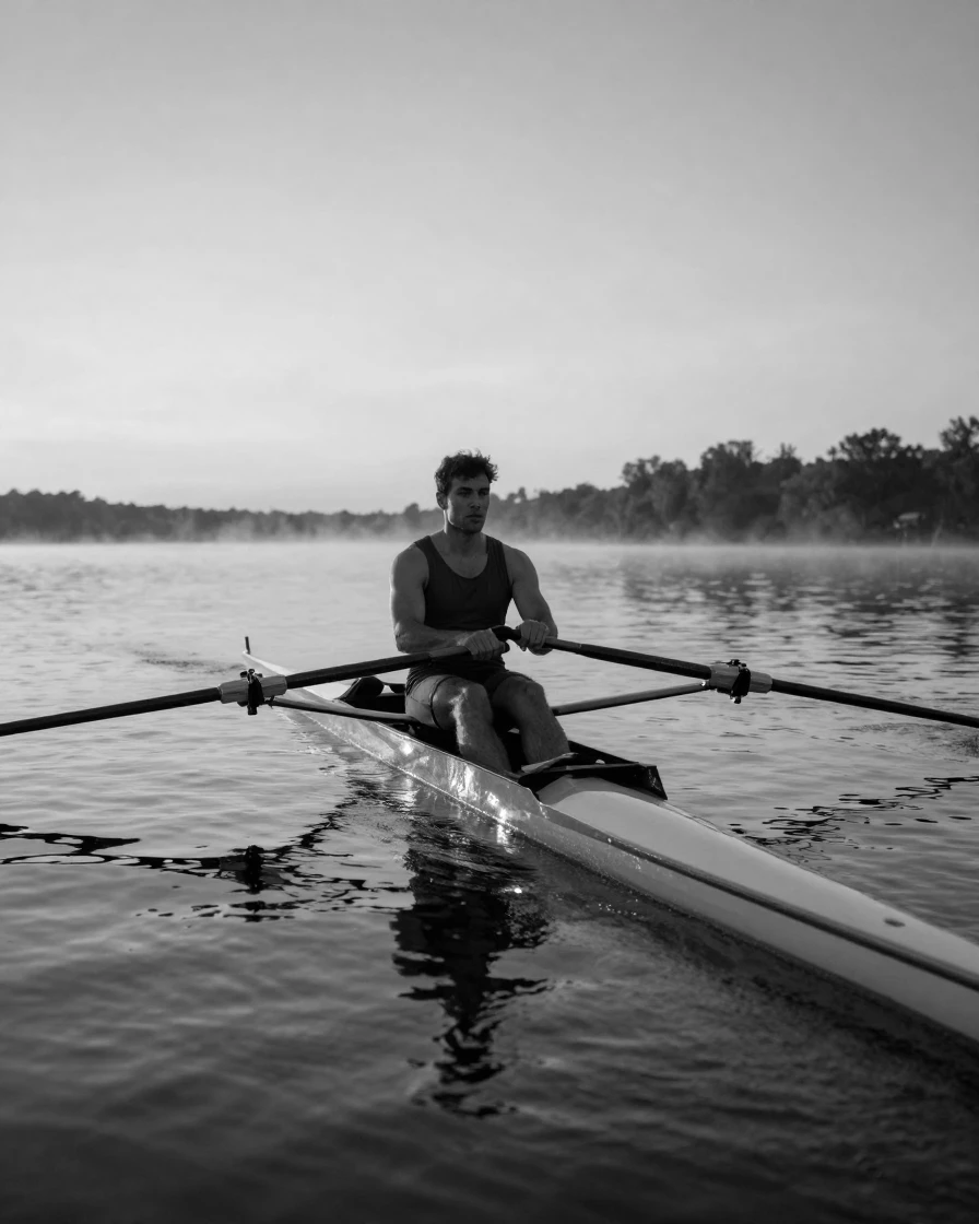A rower trains alone before sunrise beneath a pastel morning sky.