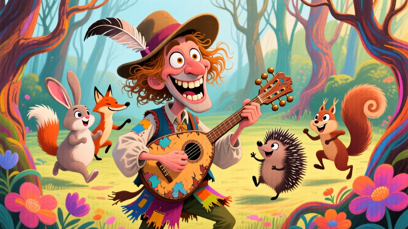 A wandering minstrel serenading a group of dancing woodland creatures.