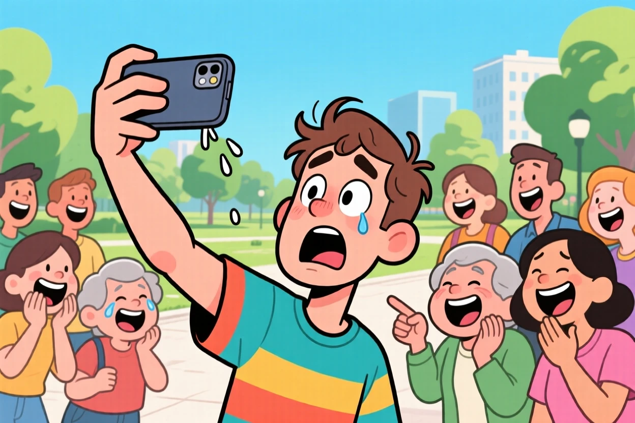 A funny expressive moment showing a man attempting a selfie that goes hilariously wrong, as everyone around them bursts into laughter.