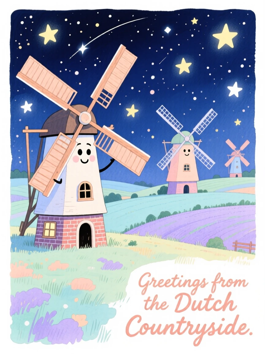 A dreamy travel postcard scene of a windmill field in the Dutch countryside under a starry night sky