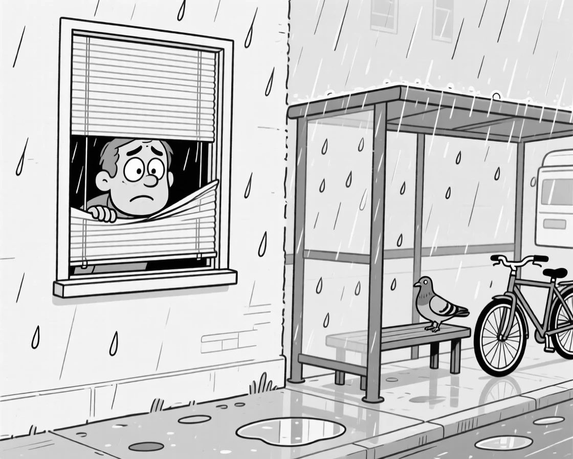 A neighbor peeking dramatically through window blinds, wincing with every single squeak of the wheel, set at a rain-soaked bus stop. A nearby pigeon watches with apparent judgment. The scene captures the comedy hidden in ordinary days.
