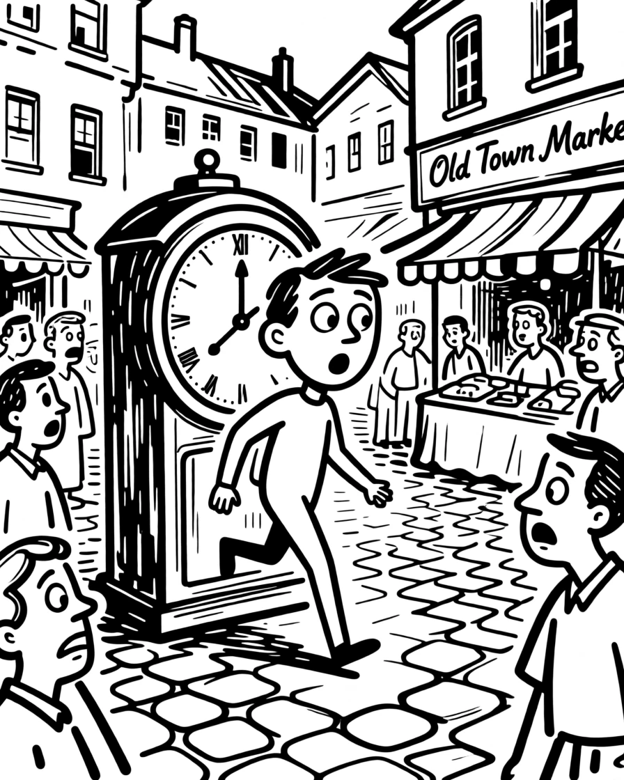A time traveler stepping out of a glowing clock-shaped machine into a bustling old town square.