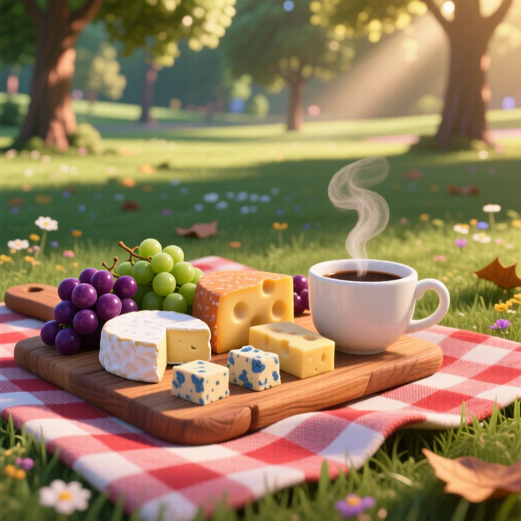 A wooden board of assorted cheeses and grapes sits on a checkered picnic blanket in a park, next to a steaming cup of coffee. The scene feels inviting, warm, and delicious.