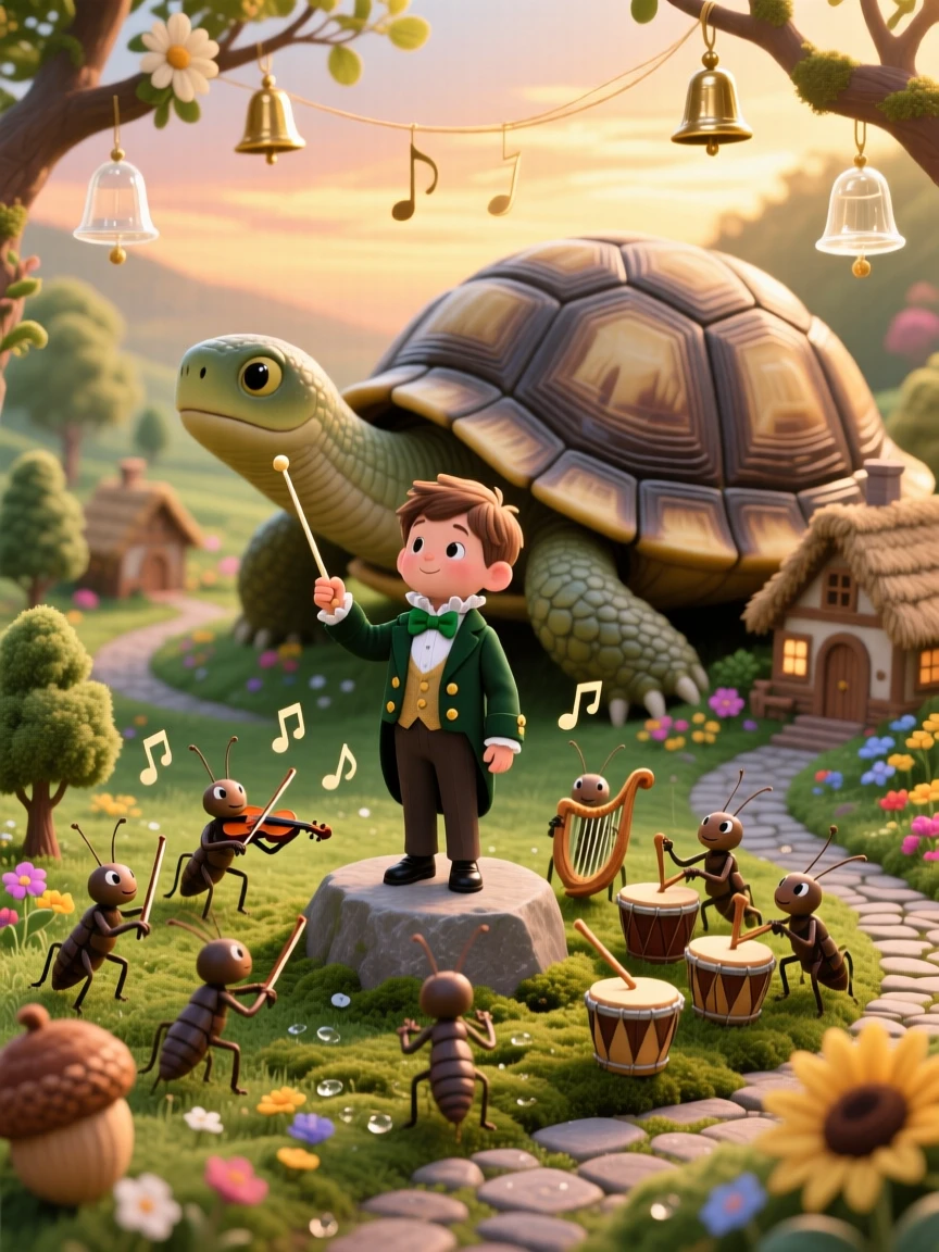 A boy who shrank to the size of an acorn is conducting an orchestra of chirping crickets in a kingdom built on the back of a giant tortoise, while soft chimes ring from unseen bells.