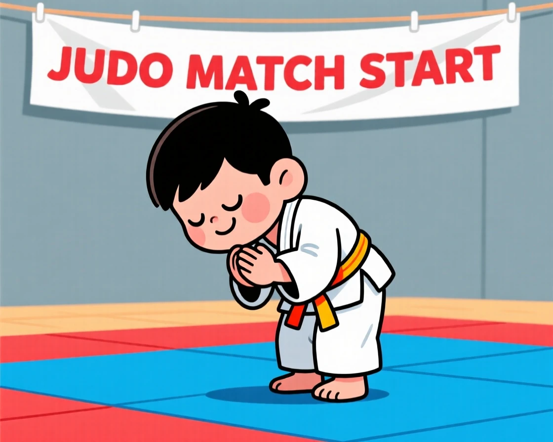 A judo student bowing respectfully before a match begins.