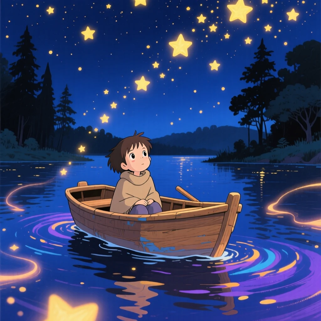 A nighttime scene of a small boat drifting beneath a sky full of stars, softly glowing with warmth.
