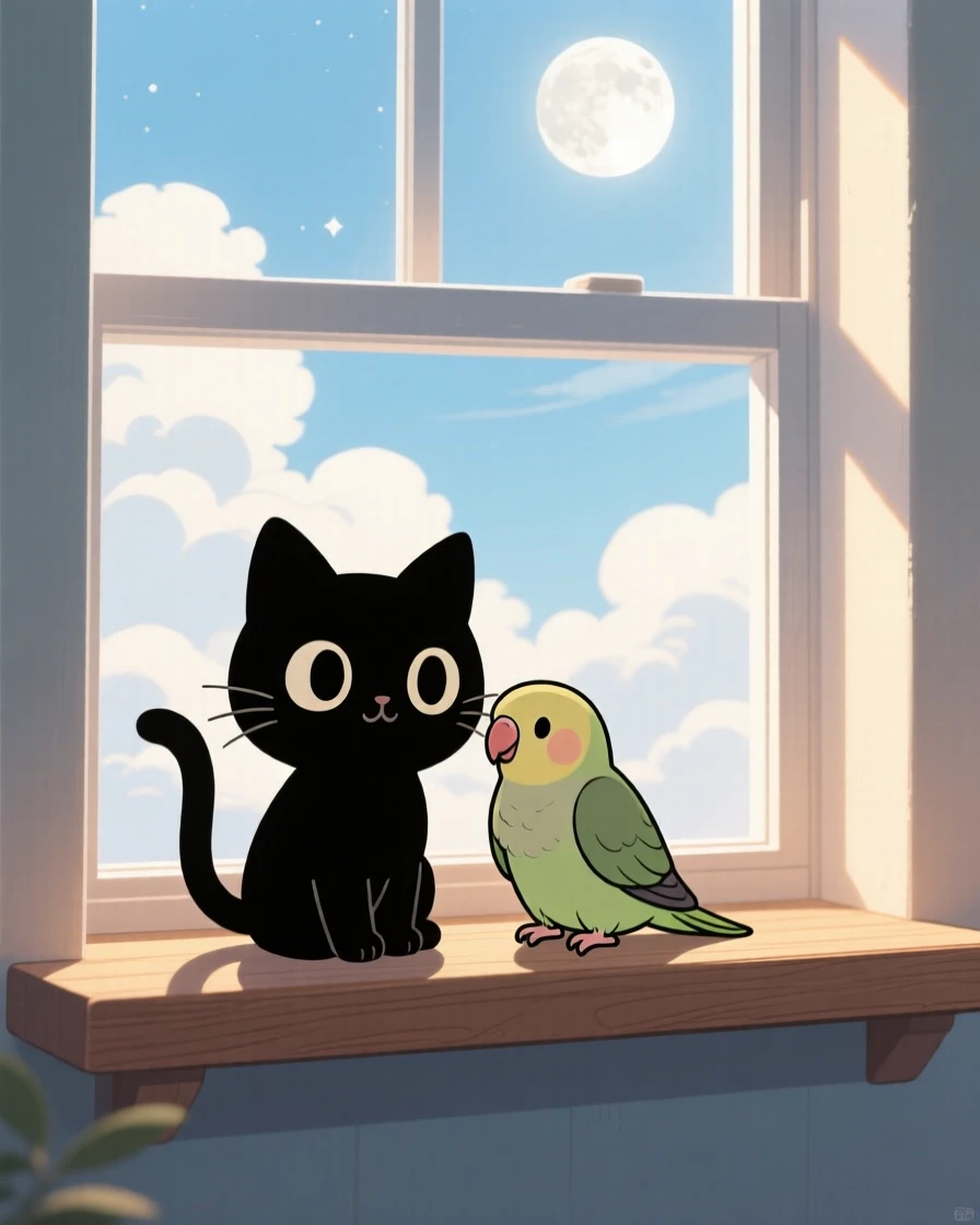 A cat and a parakeet becoming unlikely best friends on a windowsill, framed as a silhouette composition within a bright sunny room, beneath fluffy drifting clouds, glowing under soft moonlight, evoking peaceful calm.