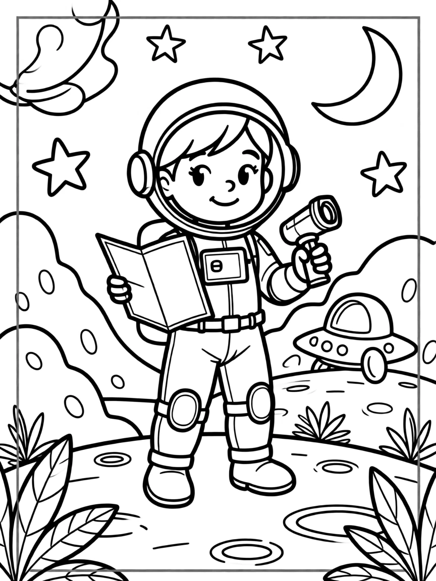 A space explorer mapping out a new planet with colorful terrain
