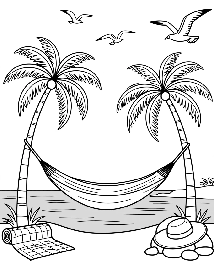 A hammock strung between two palm trees over turquoise water, with seagulls circling overhead.