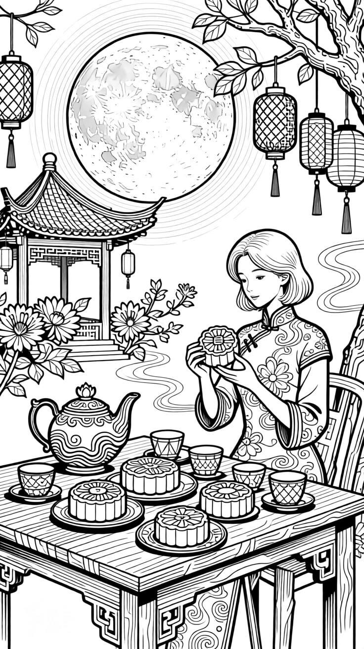 A mid-autumn festival scene with mooncakes and a full moon.