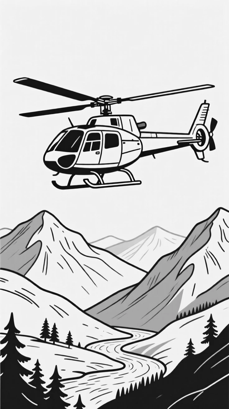 A helicopter flying low over a mountain landscape