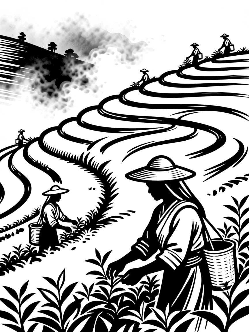 A Sri Lankan tea plantation with workers picking leaves on a misty hillside.