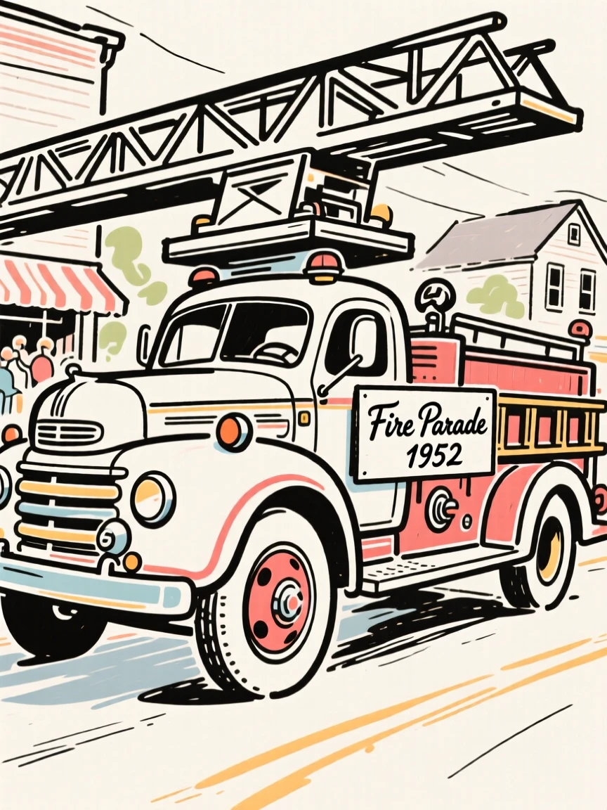 A vintage fire engine parked proudly at a small-town parade.