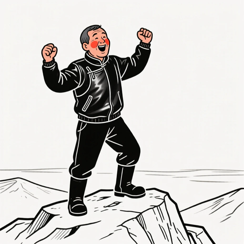 A middle-aged man of Mongolian heritage in a leather jacket and boots, bursting with excitement, on a mountaintop overlook.