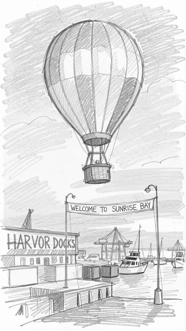 A colorful hot air balloon rising at sunrise, on a bustling harbor at sunset, with vibrant fabrics fluttering in the breeze.