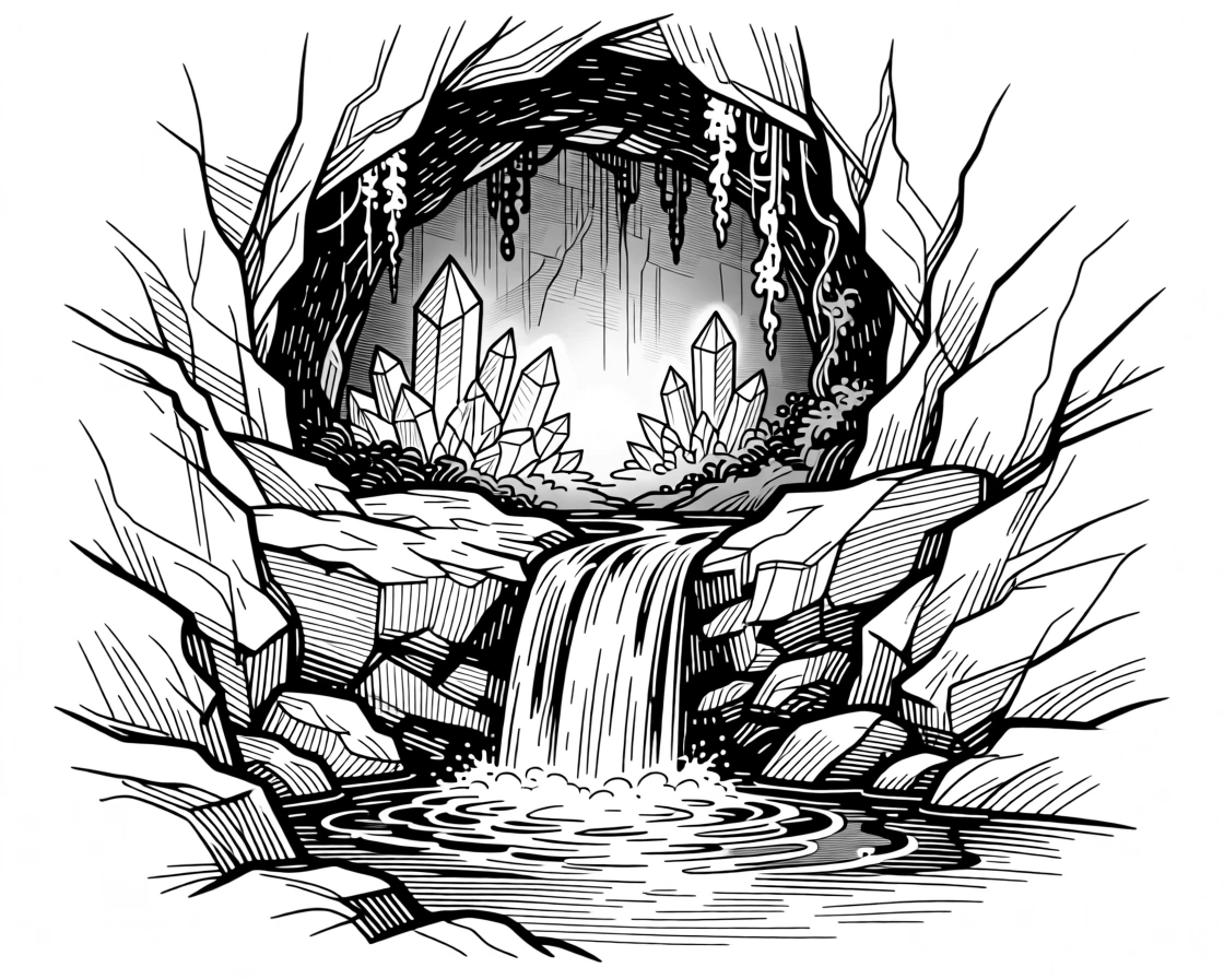 A hidden waterfall leading to a secret cave filled with glowing crystals.