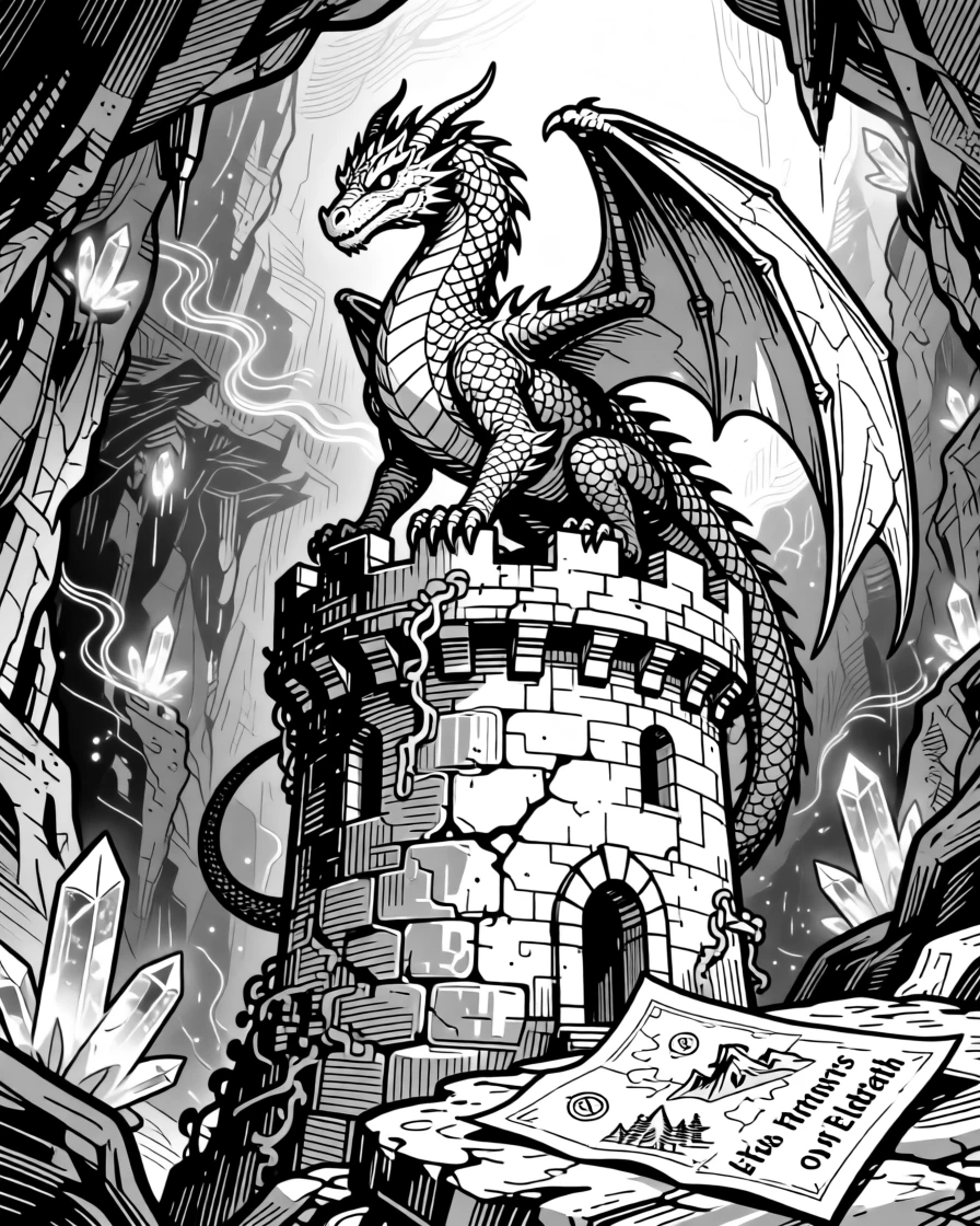 A dragon perched atop a crumbling tower deep within a glowing underground cavern, with an old map unfurled nearby, forming an awe-inspiring and magical fantasy scene.