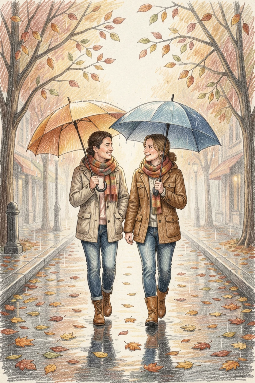 A couple walking beneath umbrellas through a rain-soaked autumn street, set against a softly lit, atmospheric backdrop, perfect for anyone drawn to gentle, heartfelt imagery.