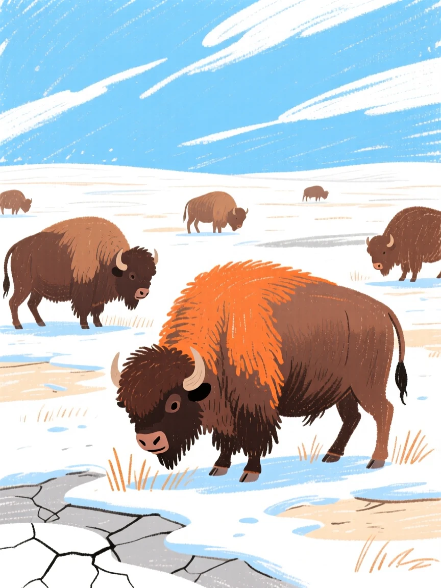 A bison herd grazing on a wide open winter plain.