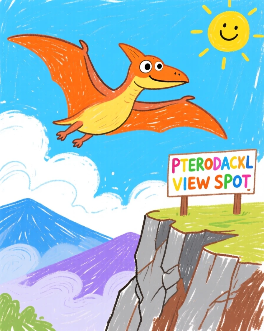 A soaring pterodactyl gliding above the clouds on a rocky cliff overlooking a misty valley.