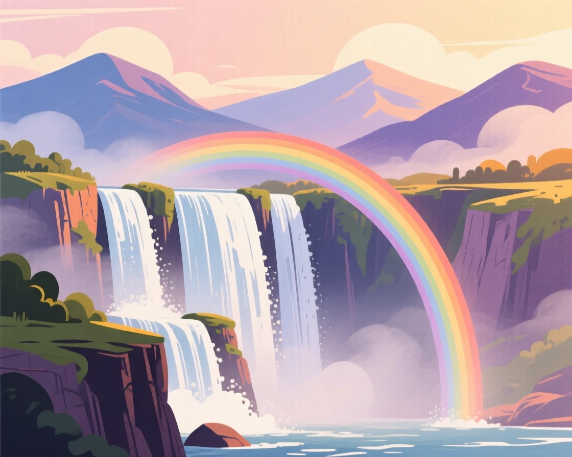 A grand waterfall framed by a rainbow in the mist, with distant mountains fading into soft haze, captured with warm inviting light filling the frame, with a nostalgic, postcard-like charm.